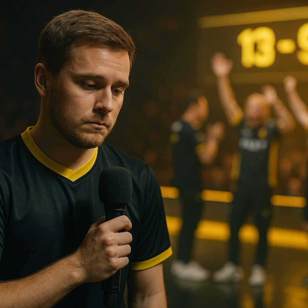 Editorial photo of Aleksib in NAVI colors looking pensive during a post-match interview, with
